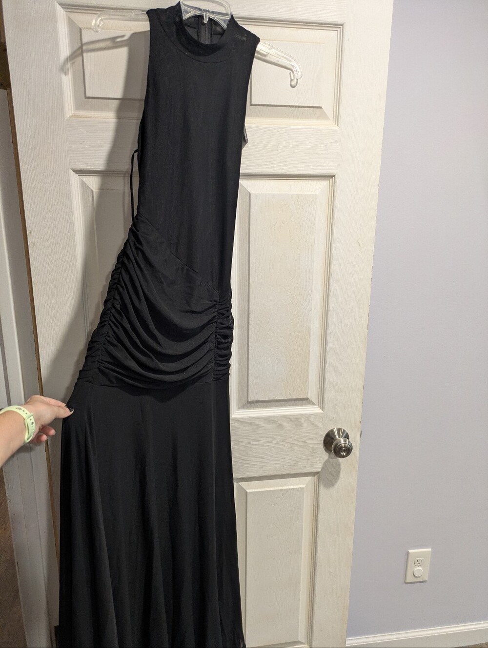 Lulus Alma Black Mesh Mock Neck Ruched Maxi Dress - Size M - Picture 2 of 5